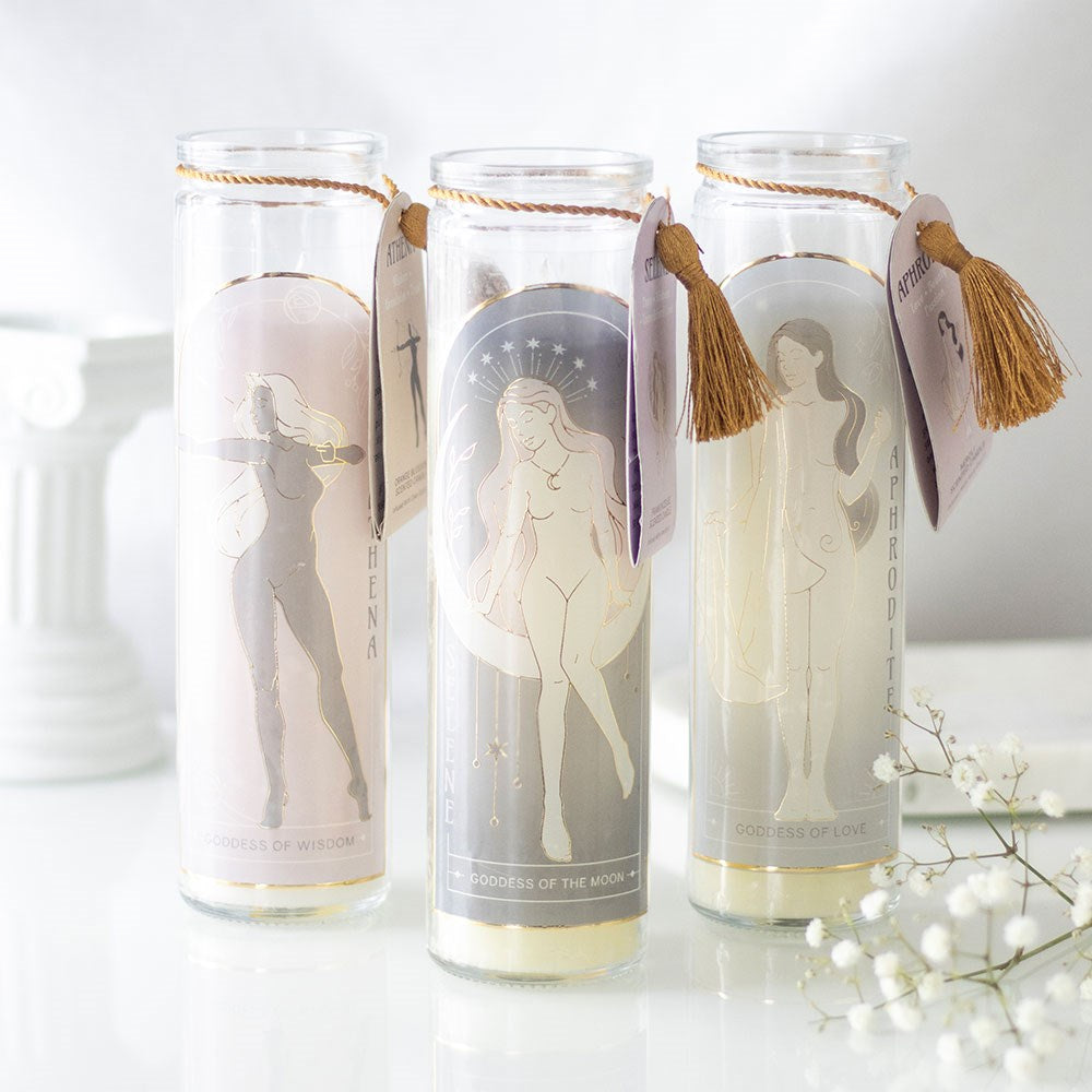 Aphrodite Goddess Kerze im Glas mit Rosenquarzkristallen