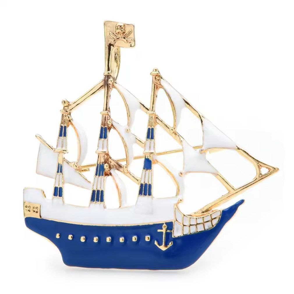 Maritime vintage Brosche Segelschiff blau-goldfarben