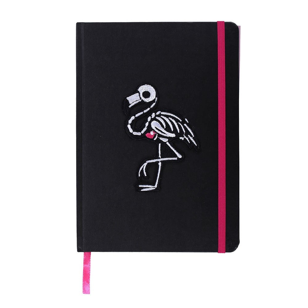 Notizbuch mit Flamingo-Skelett Stickerei Schwarz Pink Gothic