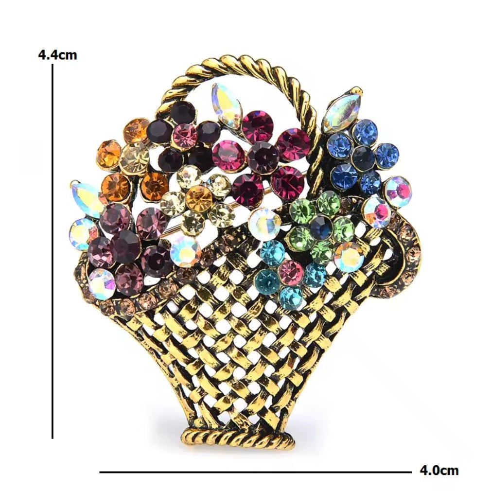Prachtvolle Blumenkorb-Brosche mit buntem Strass - Vintage-Stil