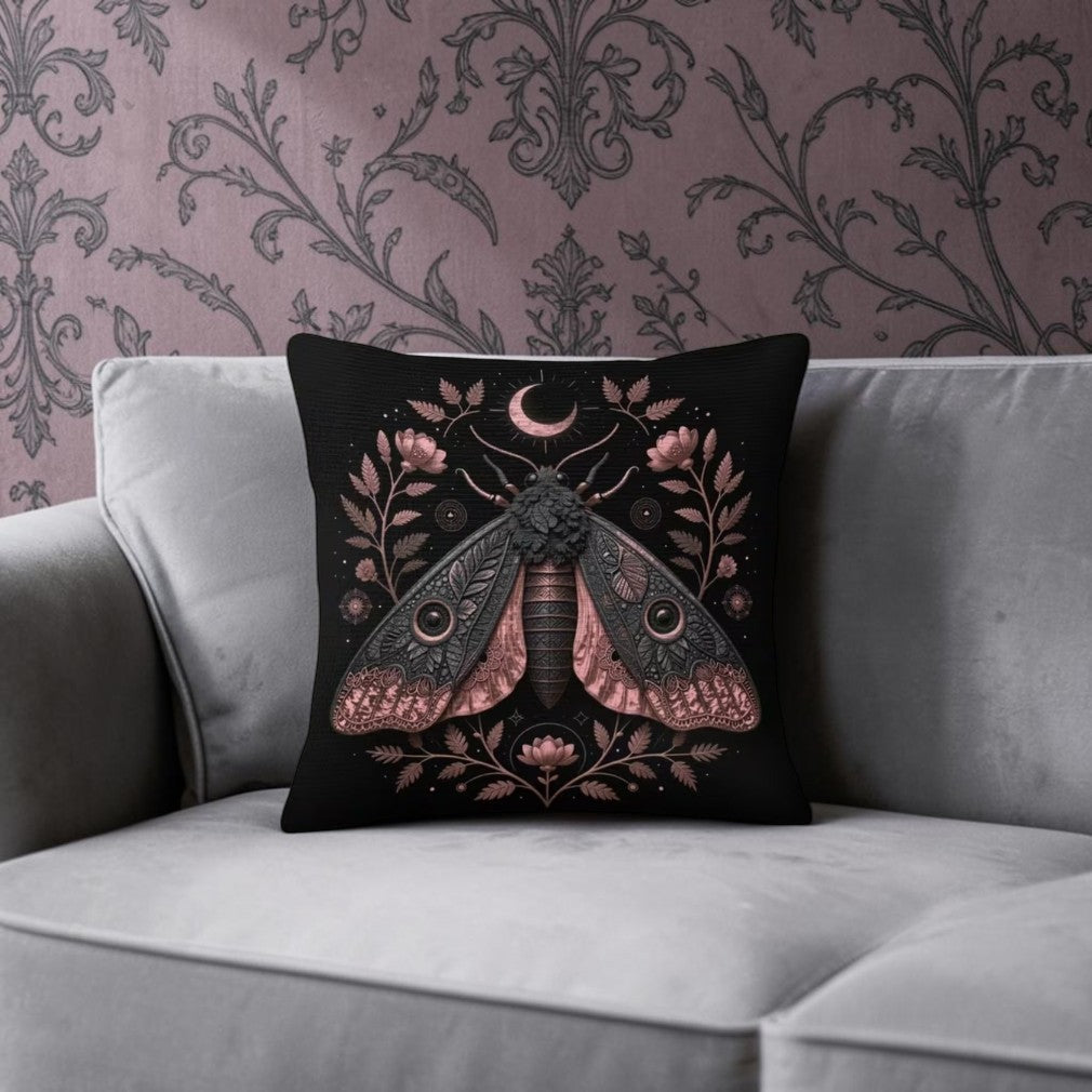 Witchy Dark Moth Dekokissen Gothic Kissen 45 x 45 cm schwarz-rosa