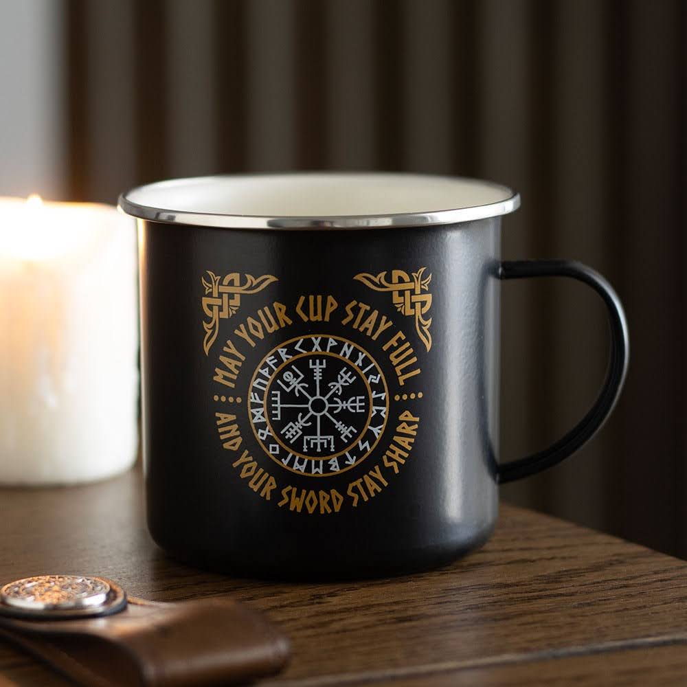 Wikinger Becher Tasse aus Emaile Kompass & Runen 300 ml