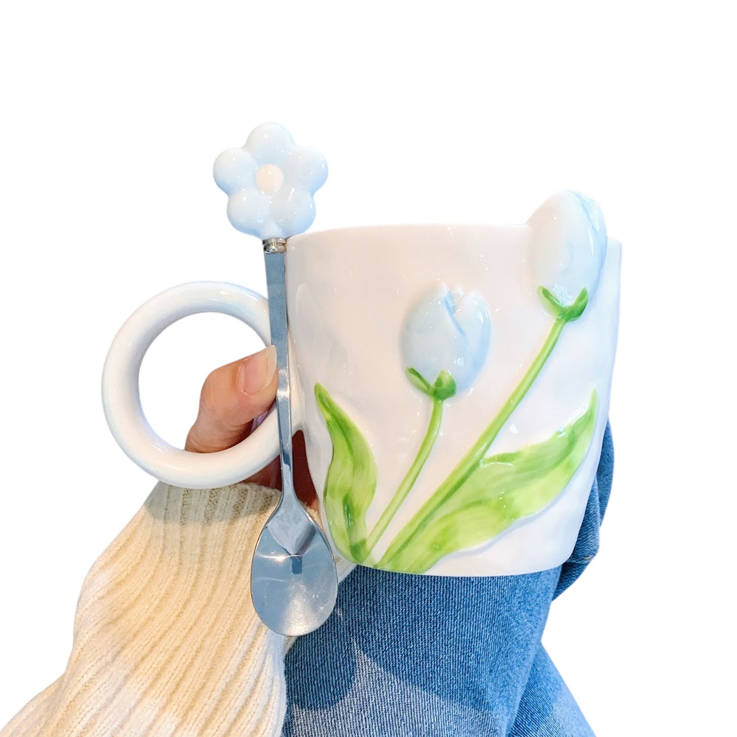 Vintage Keramik-Tasse in blau mit Tulpen-Motiv und Löffel - 500ml
