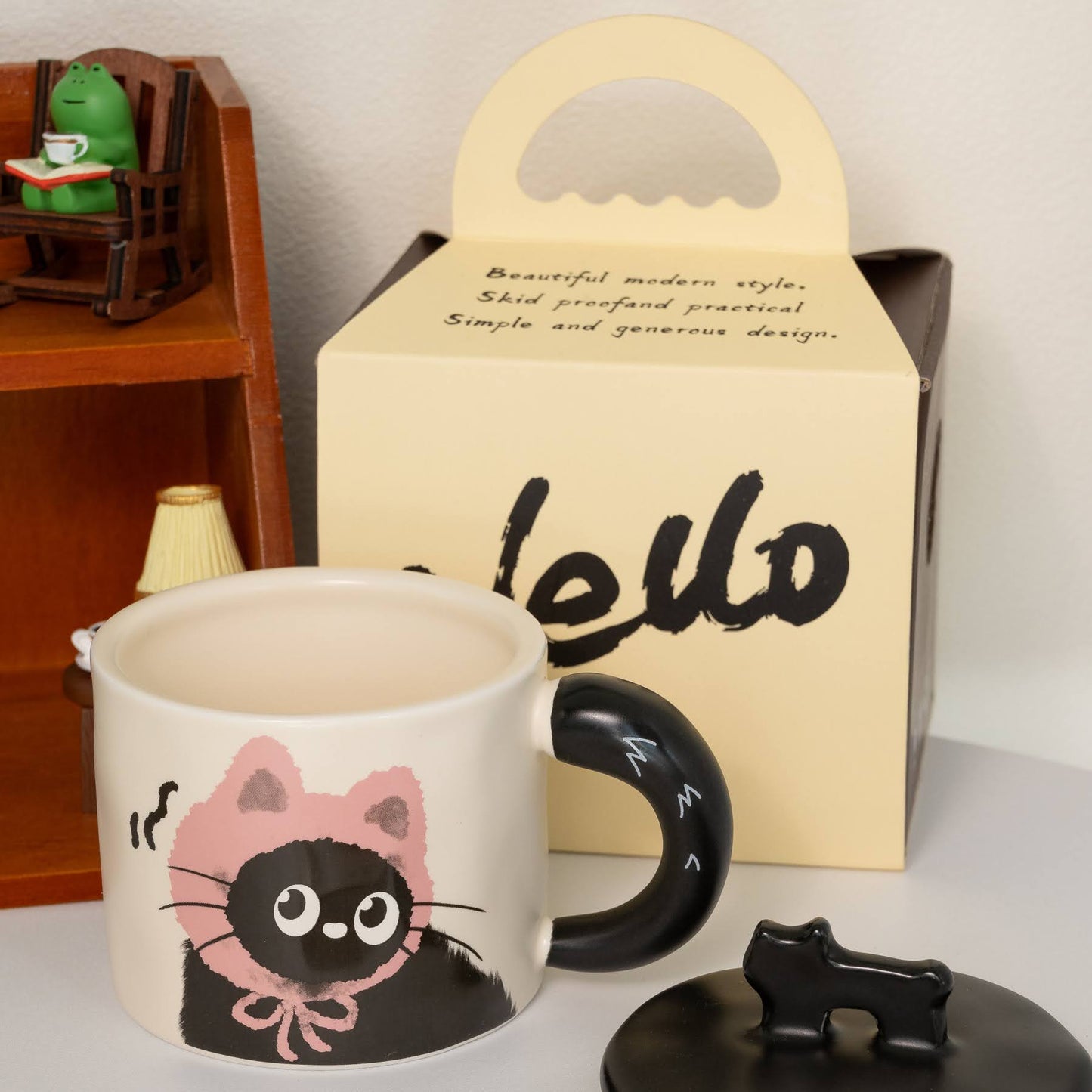 Niedliche Keramik-Tasse Katze mit Deckel und Löffel - 350ml - rosa