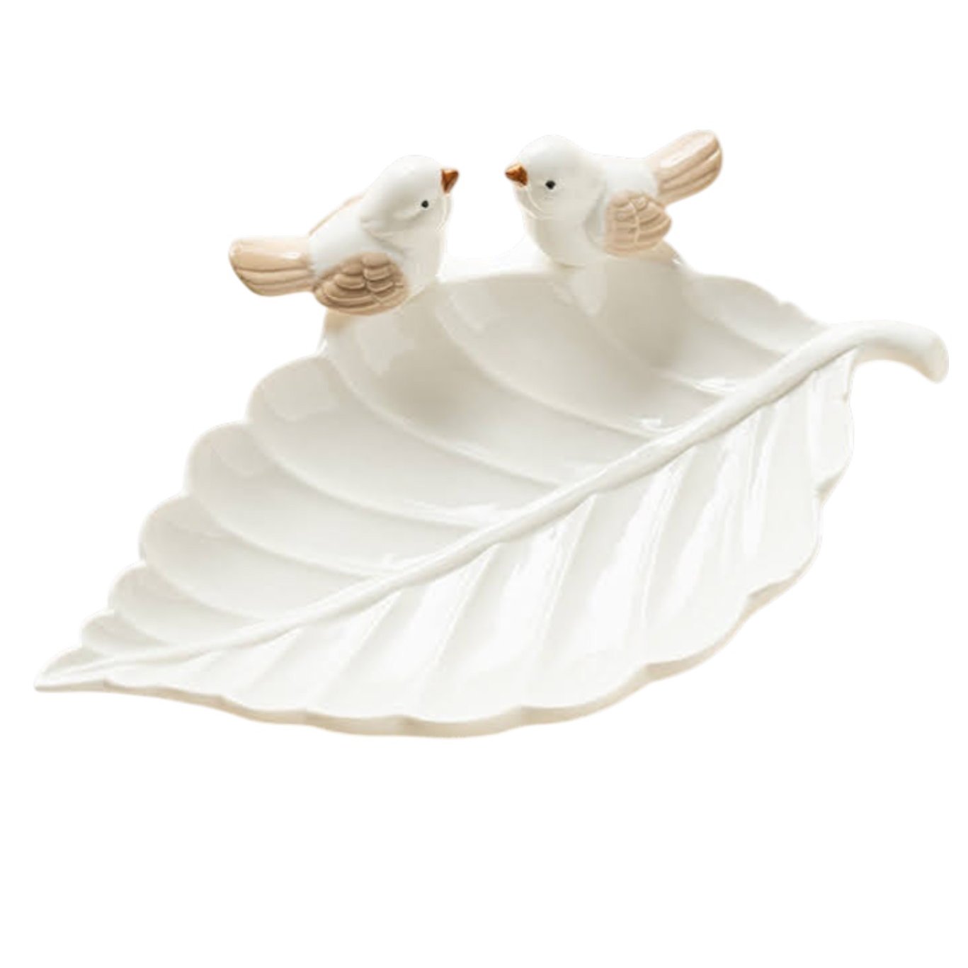 Romantische Keramik-Schale Blattform mit Vögeln - Weiß