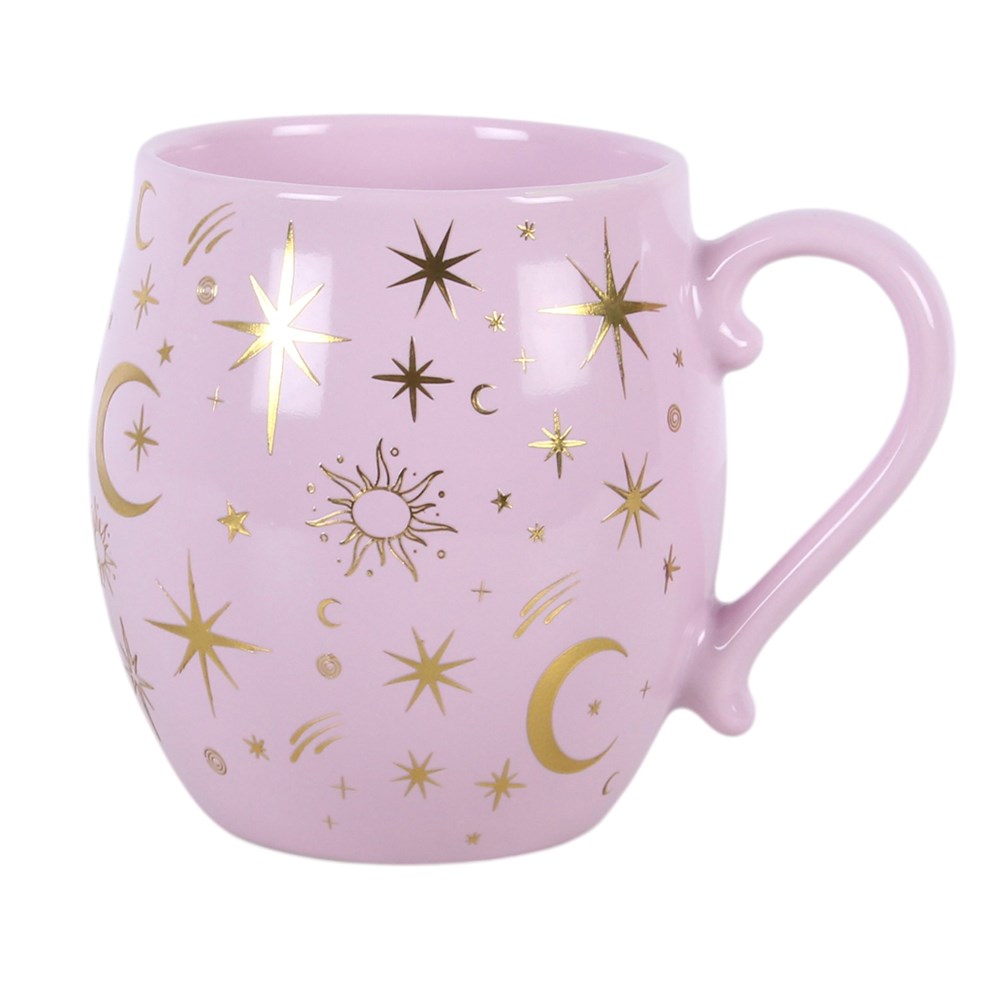 Celestial Keramiktasse Pink – Seitenansicht rechts mit Sonnen- und Sternmotiven