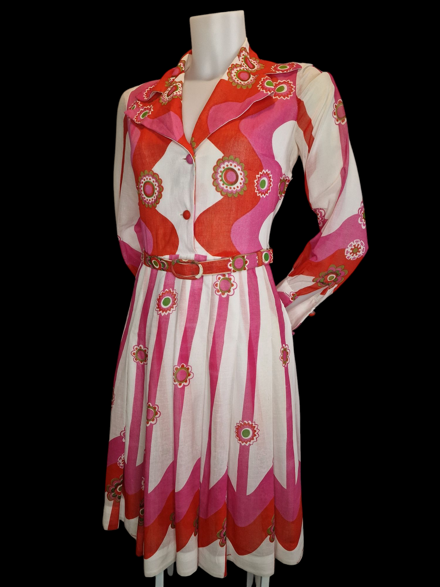 Vintage Kleid 70er Jahre Princess Florence - Psychedelisches Muster Rosa Orange S