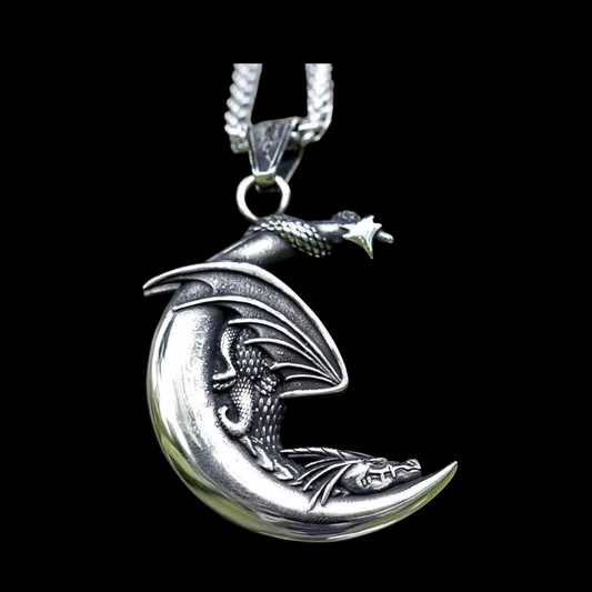 Anhänger mit Kette kleiner Drache auf Mond Edelstahl