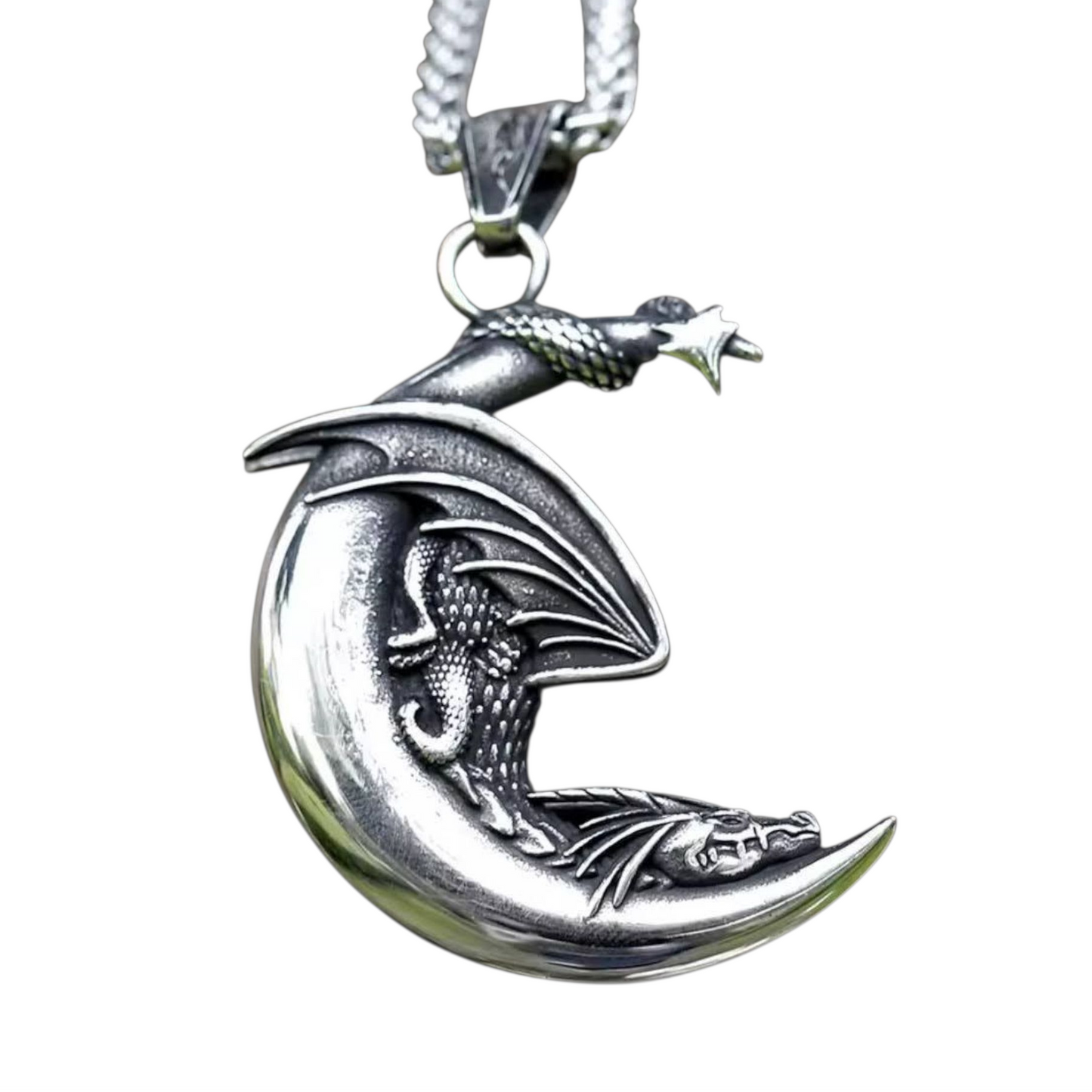 Anhänger mit Kette kleiner Drache auf Mond Edelstahl