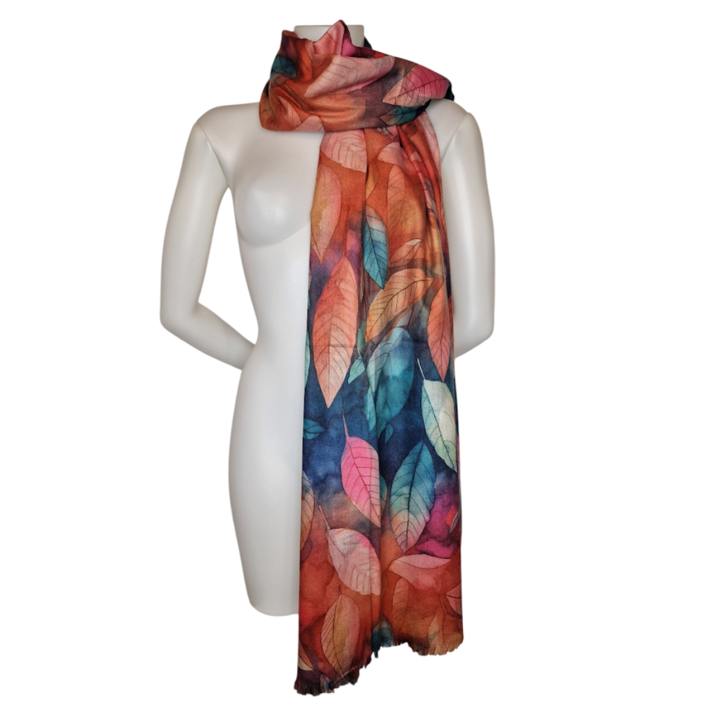 Kuscheliger Schal mit Blattmotiv bunt 180x80 cm