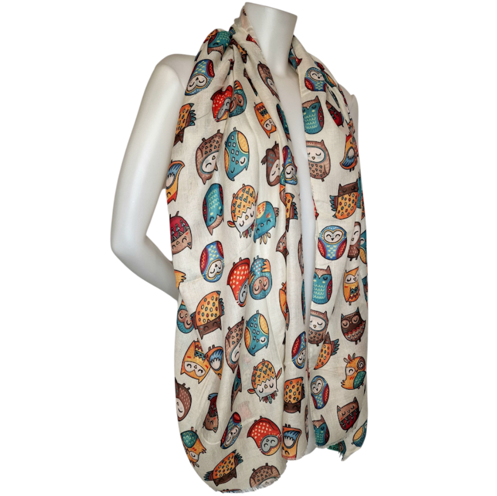 Kuscheliger Schal mit Eulen Motiv beige 180x90 cm