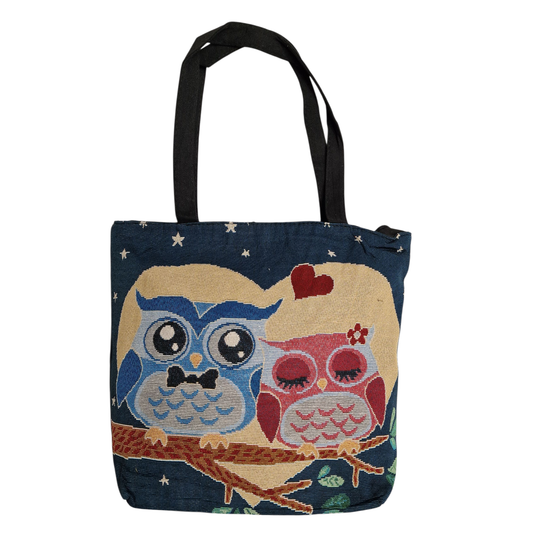 Jute Einkaufstasche Eule "Owls in Love" blau