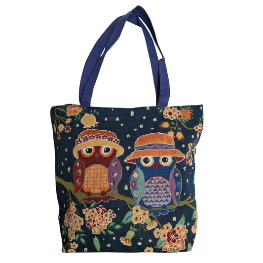 Jute Einkaufstasche Eule mit Standboden und Reißverschluss blau