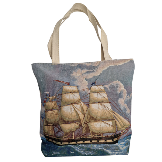 Vintage gewebte Einkaufstasche Segelschiff Gemälde