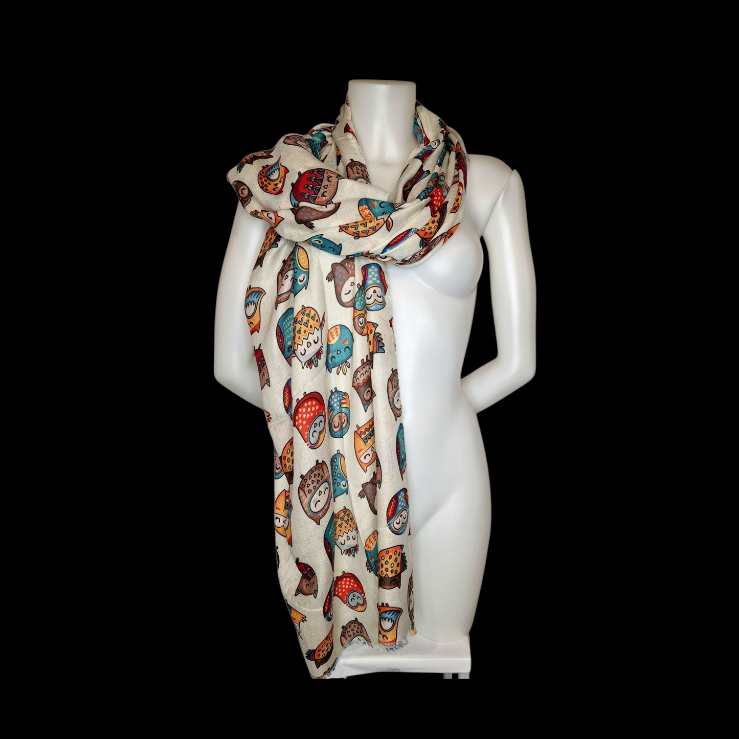 Kuscheliger Schal mit Eulen Motiv beige 180x90 cm