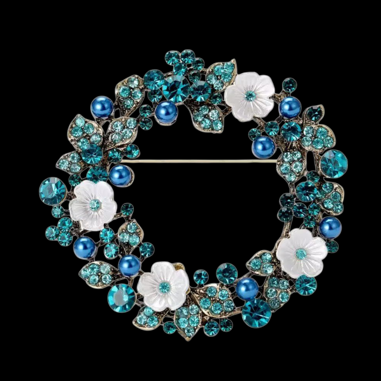 Nostalgische Brosche Blumenkranz blau-weiß