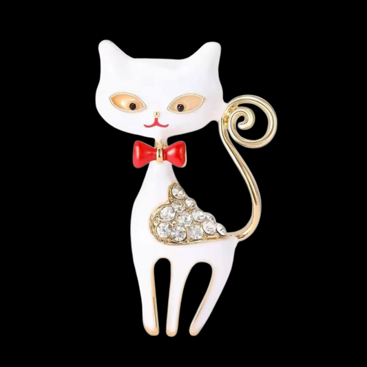 Brosche kleine Katze in weiß mit Schleife