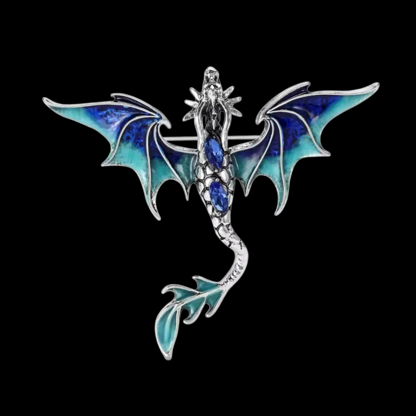 Brosche fliegender Drache blau-silberfarben