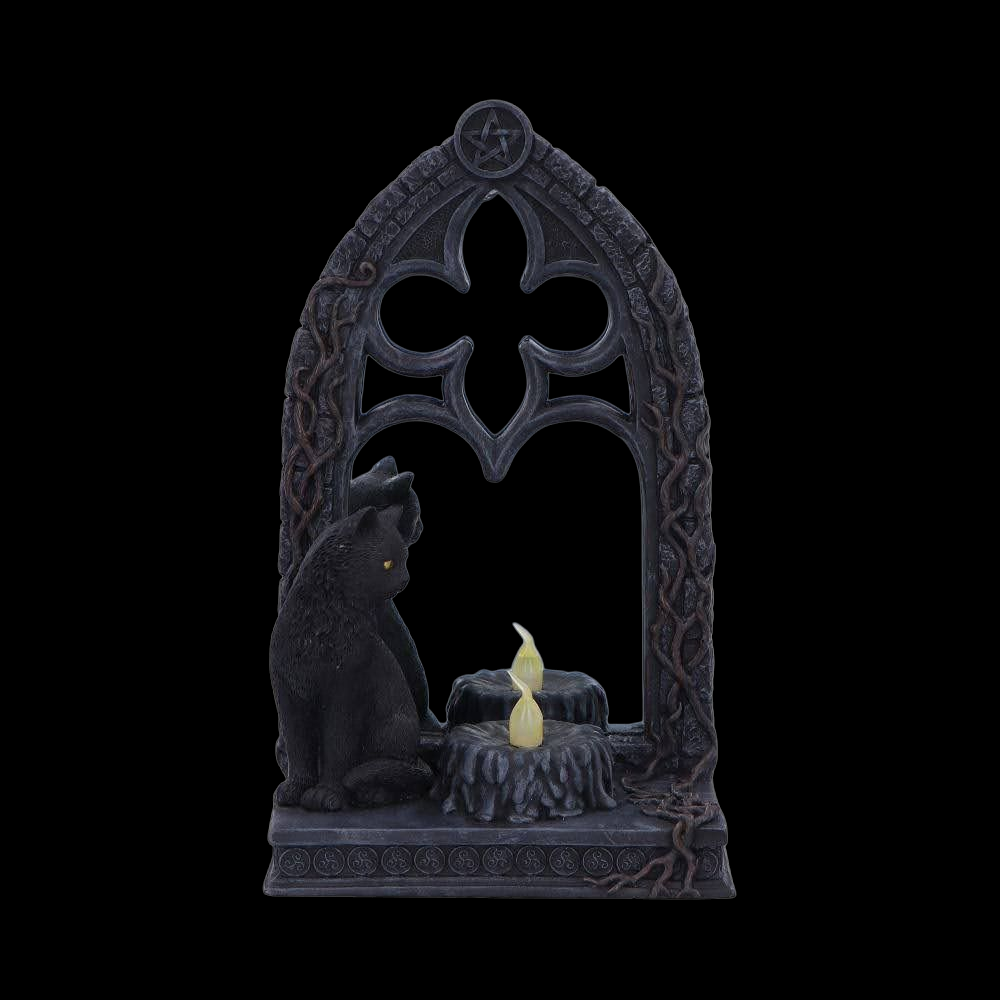 Gothic Led Teelichthalter Katze mit gotischem Bogen und Spiegel 21 cm