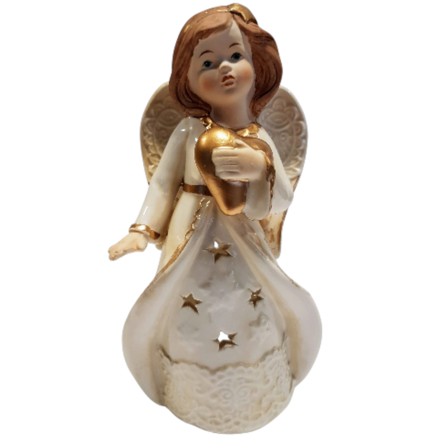 Teelichthalter Engel mit Herz in goldfarben aus Keramik