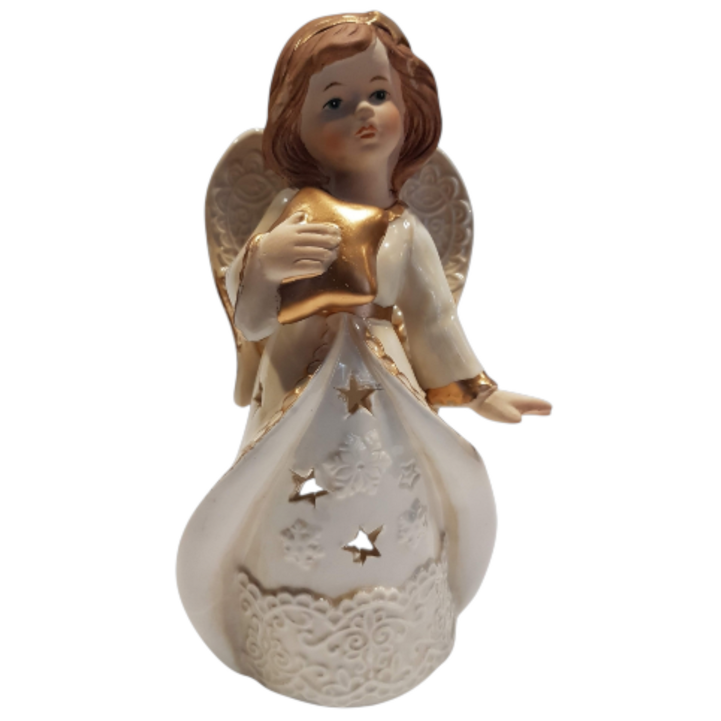 Teelichthalter Engel mit Stern in goldfarben aus Keramik