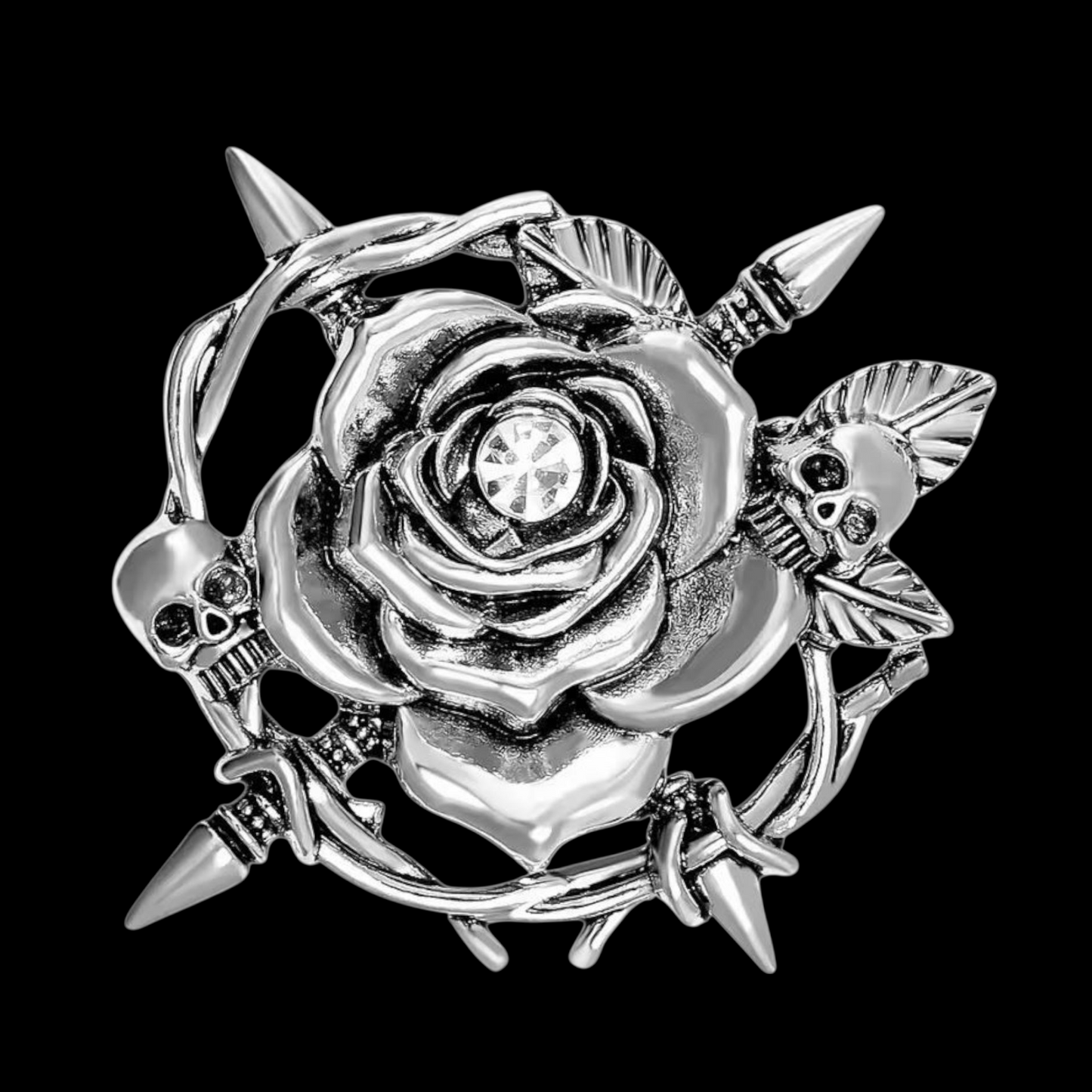 Gothic Brosche Rose with Skull silberfarben