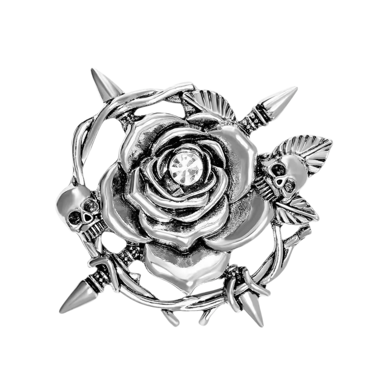 Gothic Brosche Rose with Skull silberfarben