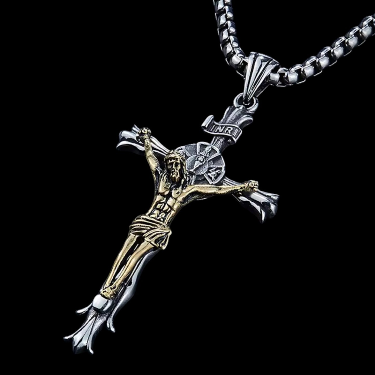 INRI Crucifix großer Anhänger "Jesus am Kreuz" silber-gold Edelstahl