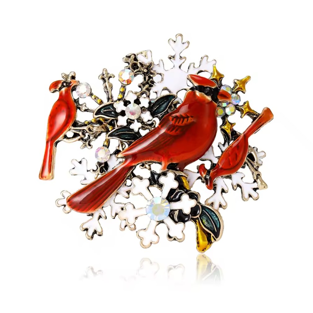 Winterlichte Brosche "Kardinälen und Schneeflocken"