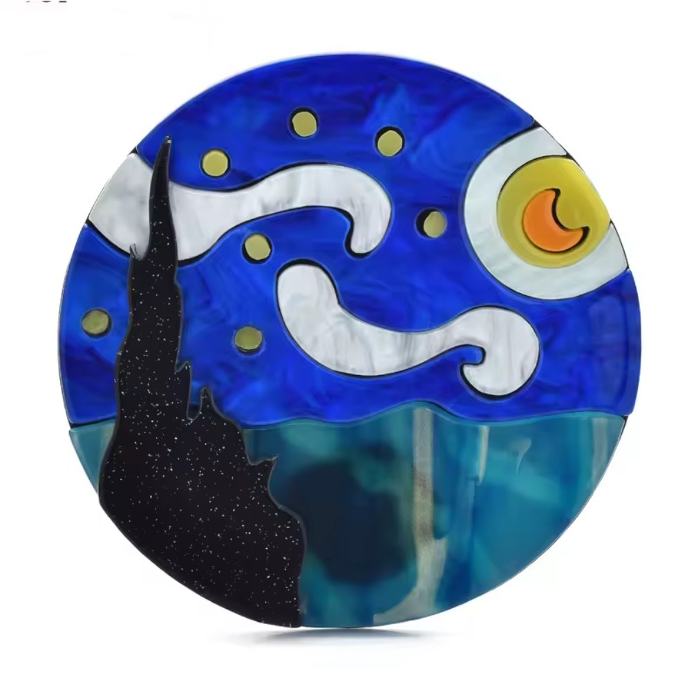 Acryl Brosche Kunstmotiv "Sternennnacht" von Vincent von "Gogh"