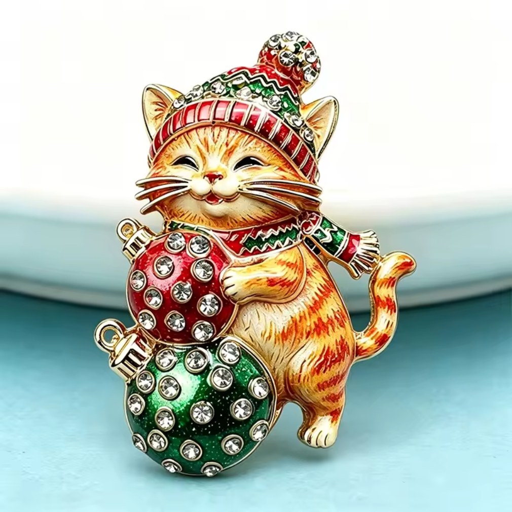 Weihnachtliche Brosche verspielte Katze im Vintage-Stil