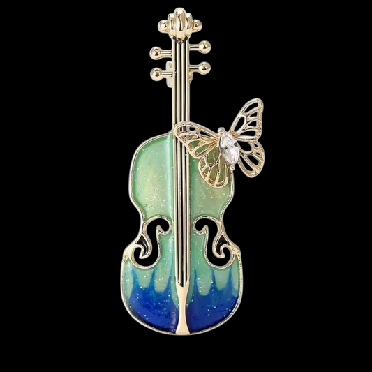 Vintage Brosche Geige mit Schmetterling blau-grün