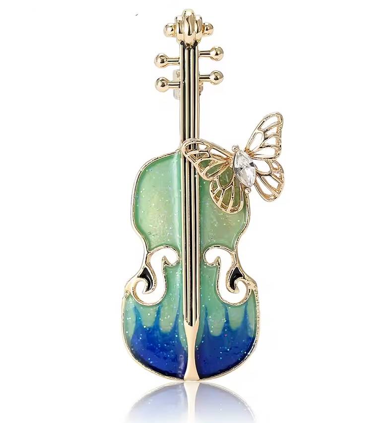 Vintage Brosche Geige mit Schmetterling blau-grün
