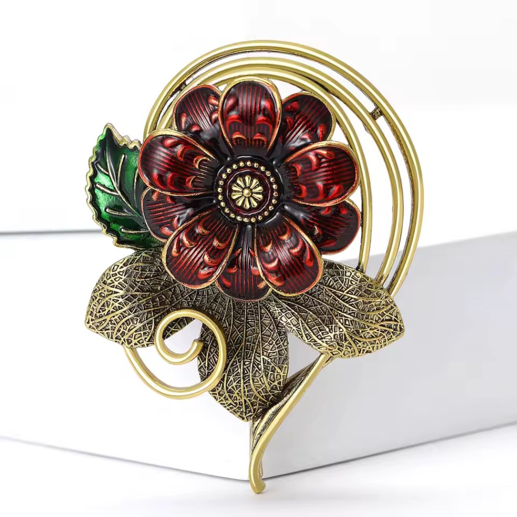 Große retro Brosche Blume mit Ornament in gold-bordeaux