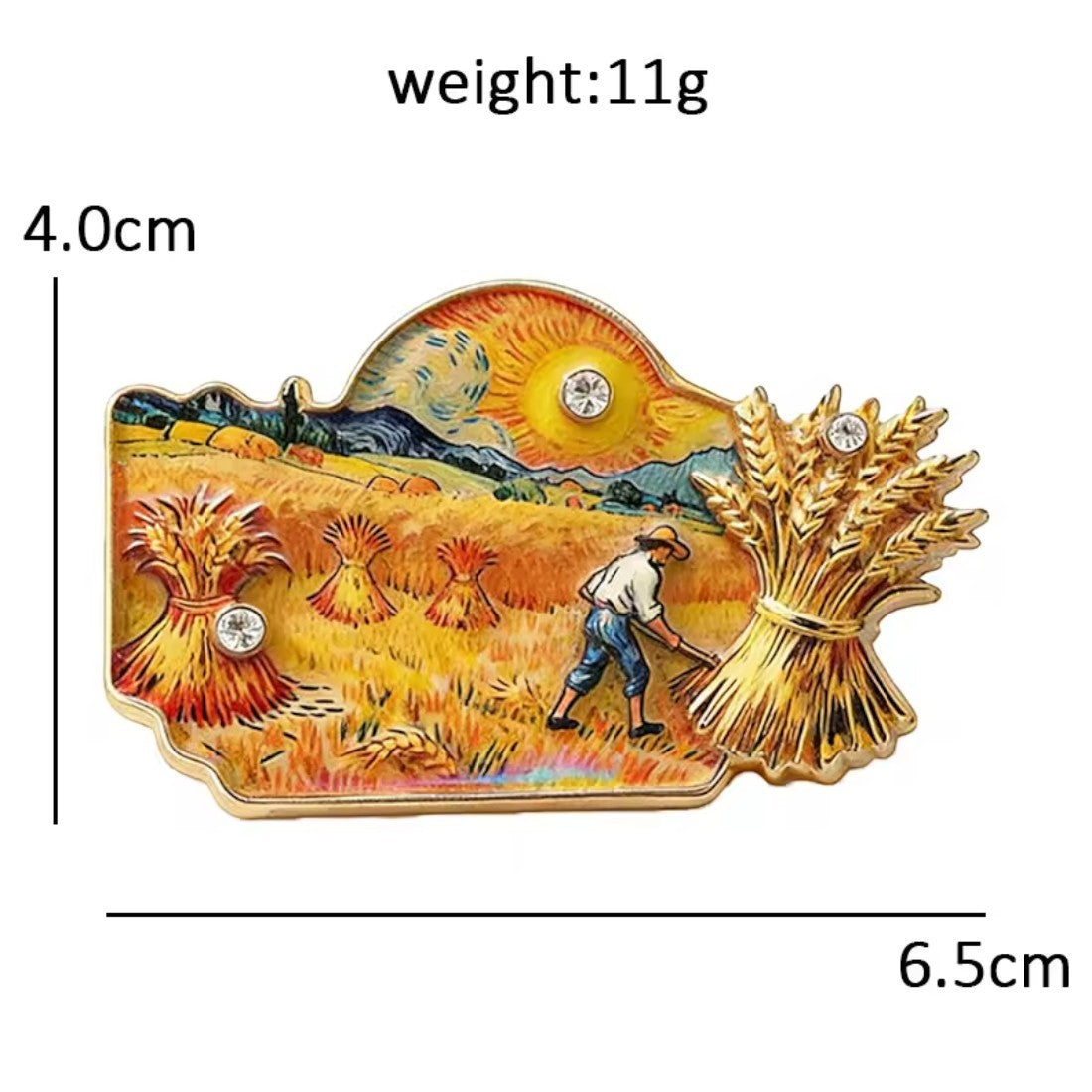Van Gogh Ernte Brosche Maßangaben 6,5 x 4,0 cm Gewicht 11g weißer Hintergrund