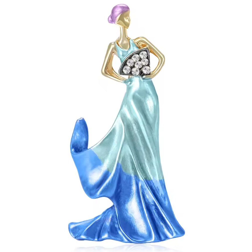 Vintage Brosche elegante Frau mit Fächer