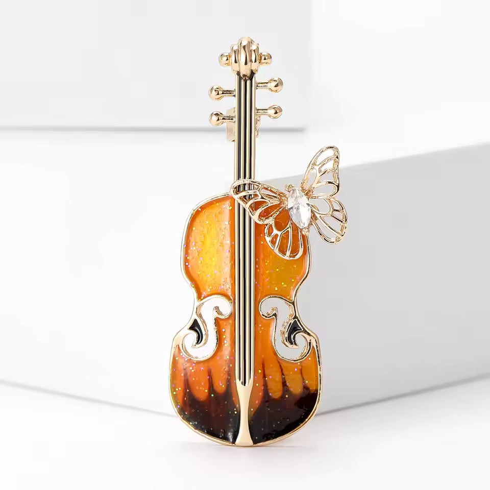 Vintage Brosche Geige mit Schmetterling braun-orange