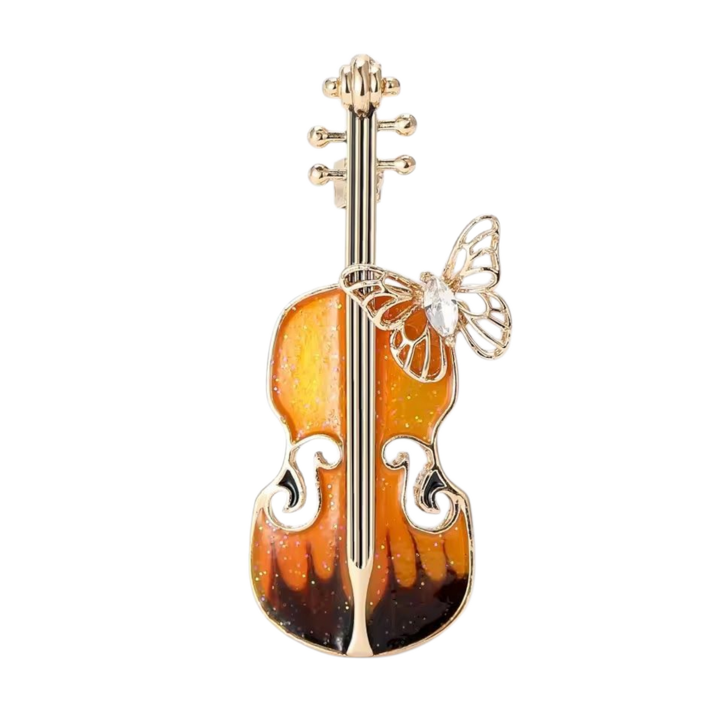Vintage Brosche Geige mit Schmetterling braun-orange