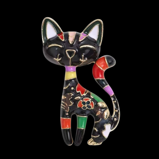 Brosche kleine Katze bunt mit Schleife