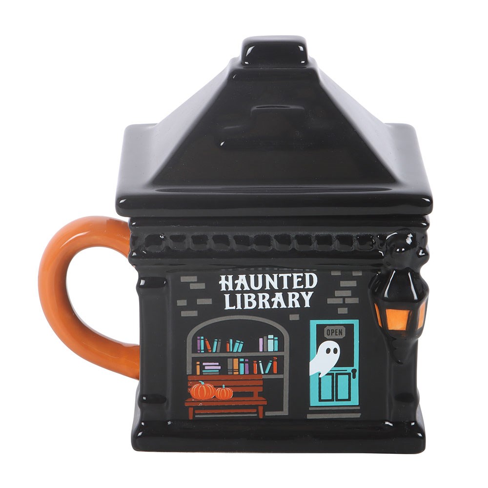 "Haunted Library" Süße Keramik Tasse mit Deckel Geister Becher Bibliothek