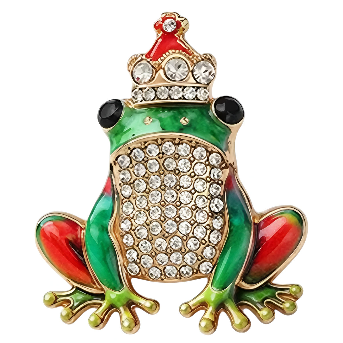 Märchenhafte Froschkönig-Brosche mit Krone und Schmucksteinen