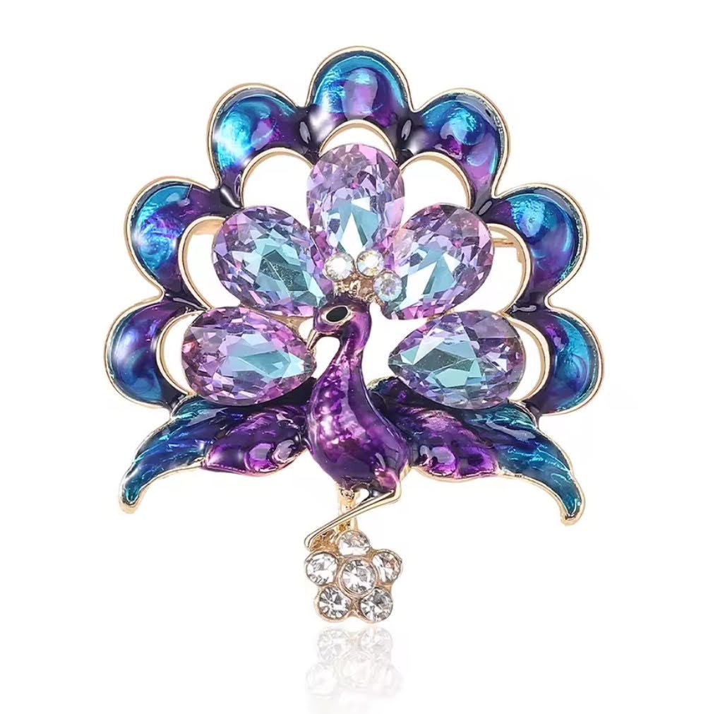 Klassiche vintage Brosche Pfau in violett-silber mit Strass