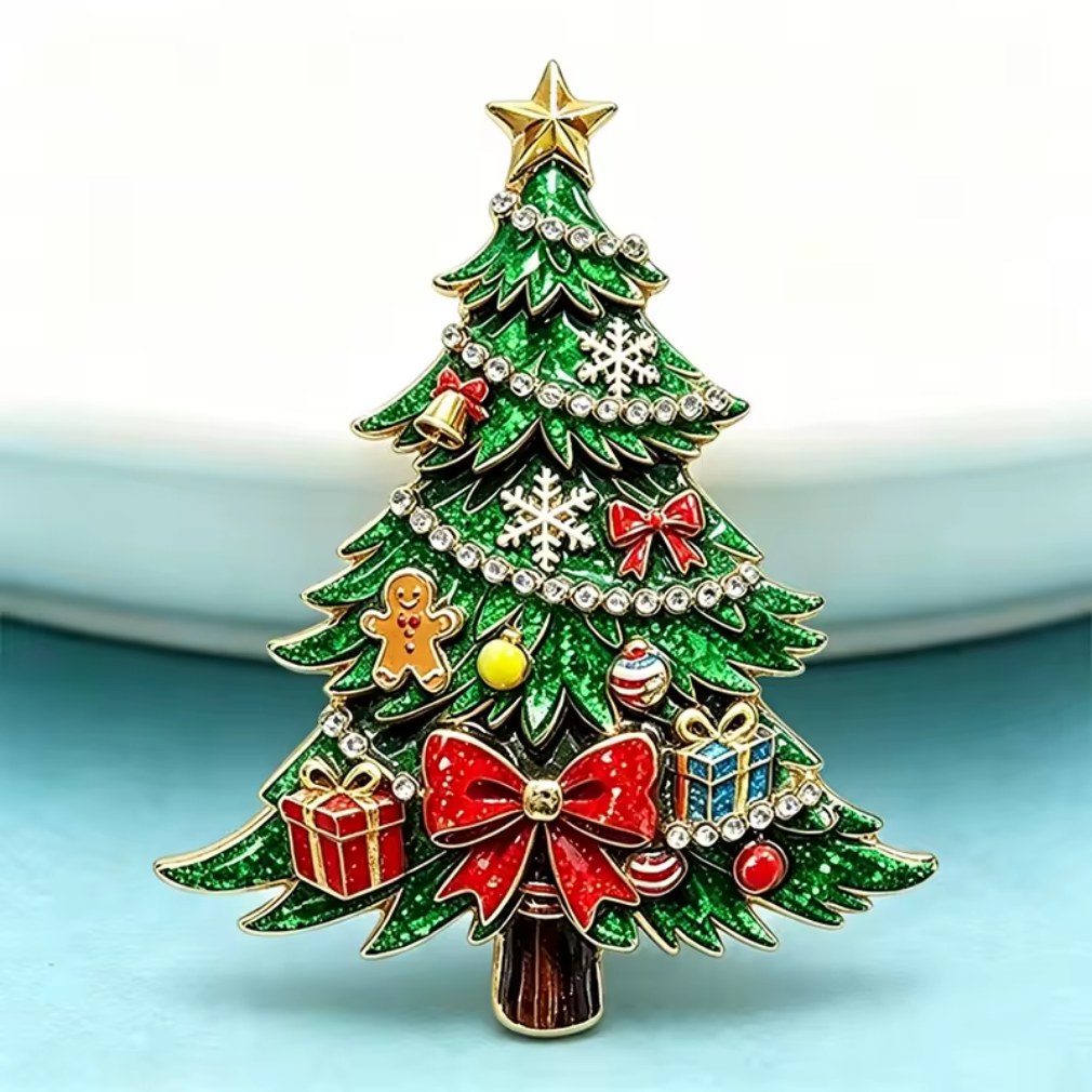 Weihnachtsbrosche Tannenbaum bunt – schwarzer Hintergrund