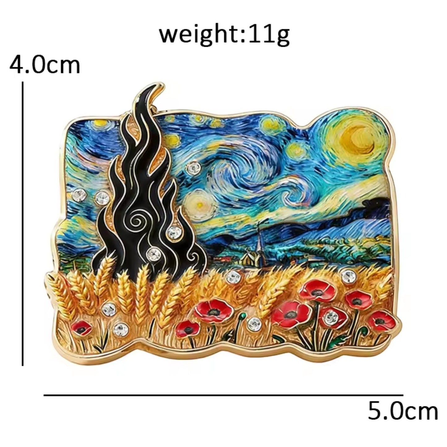Van Gogh Sternennacht Brosche Maßangaben 5,0 x 4,0 cm Gewicht 11g weißer Hintergrund