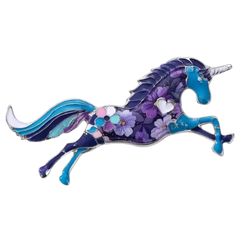 Einhorn-Brosche mit Herzmotiv in Lila und Türkis