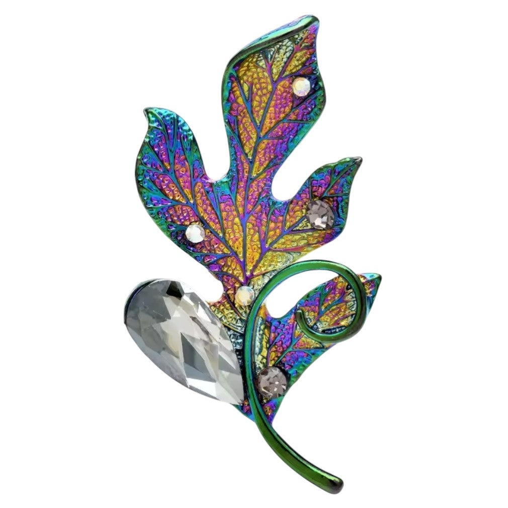 Schimmernde Blatt-Brosche Regenbogen mit Strass