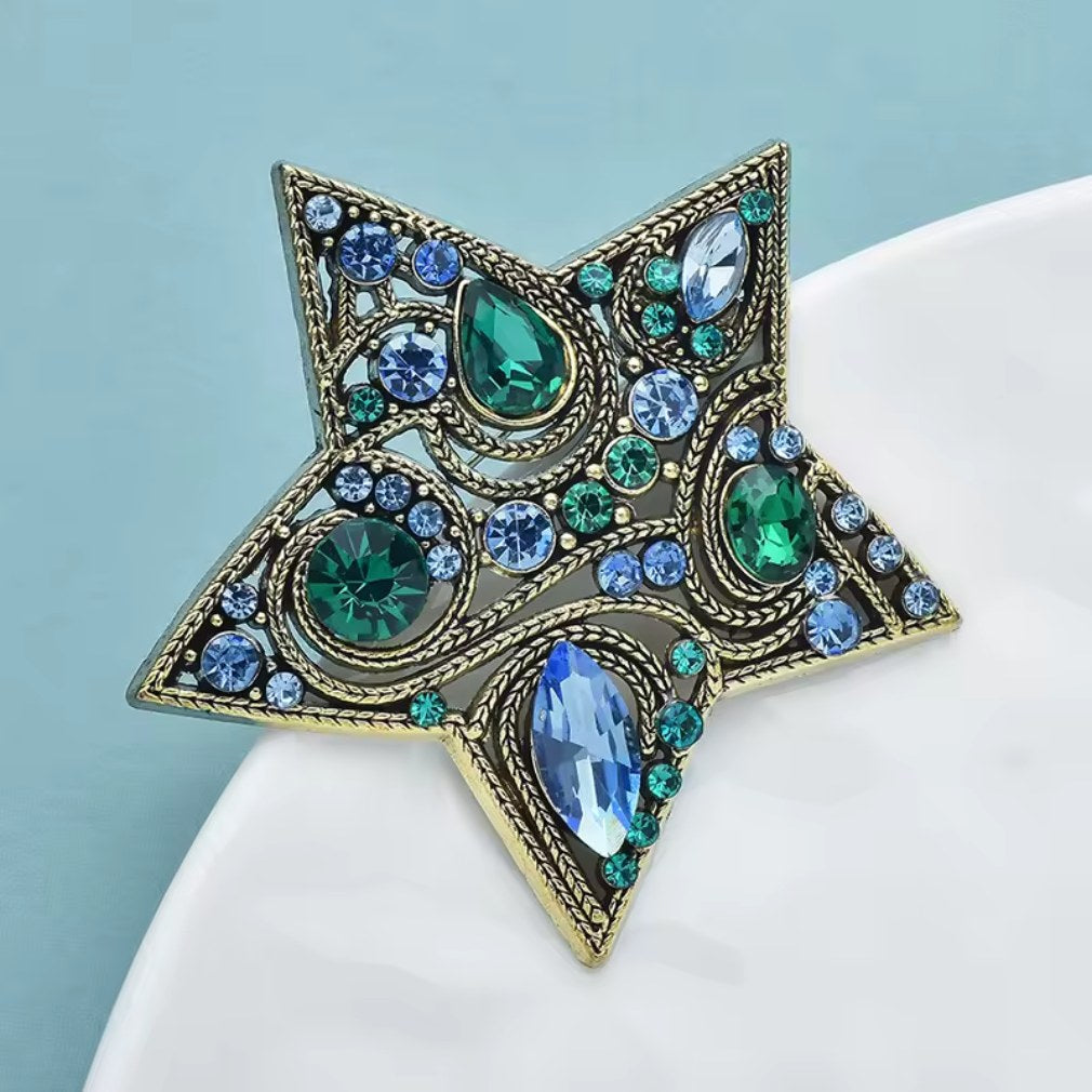 Funkelnde Stern-Brosche mit bunten Kristallen - Vintage-Stil