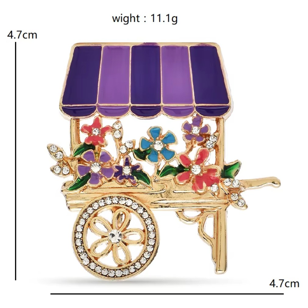 Vintage Look nostalgische Blumenwagen-Brosche Gold mit bunten Blüten