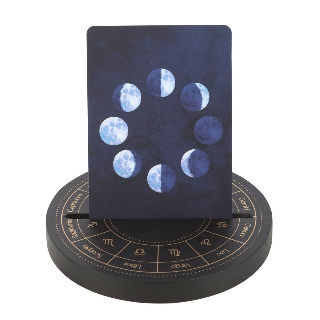 Schwarzer Tarotkartenständer mit Astrologierad in goldfarben
