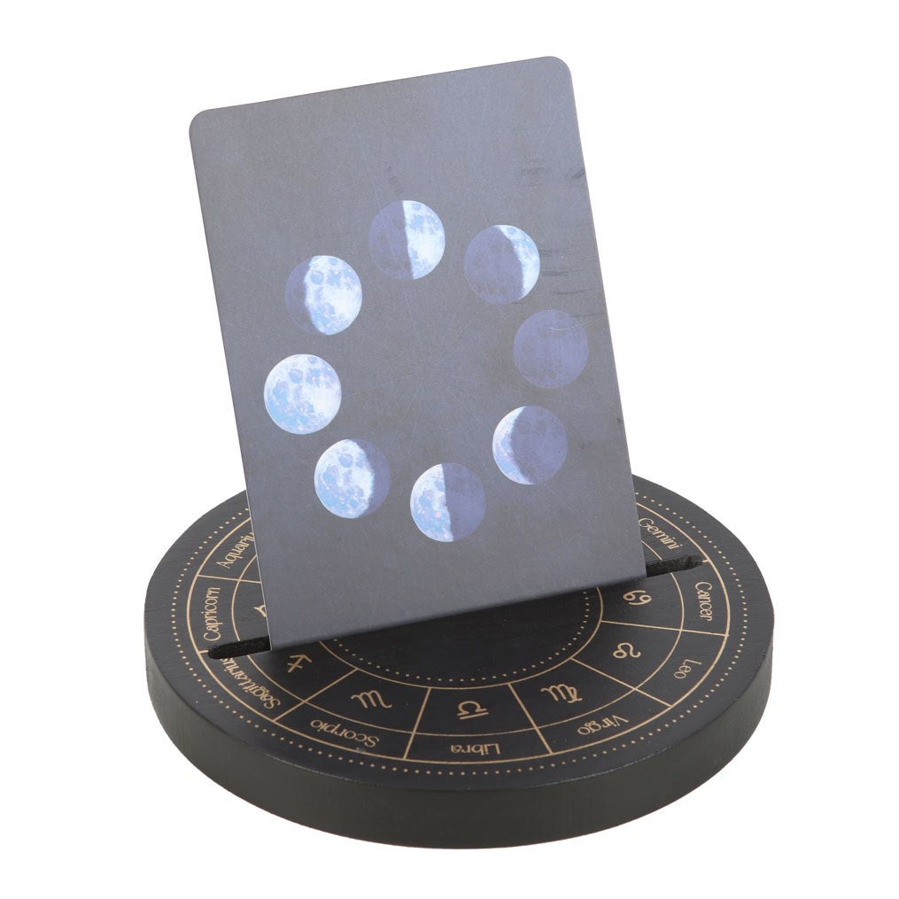 Schwarzer Tarotkartenständer mit Astrologierad in goldfarben